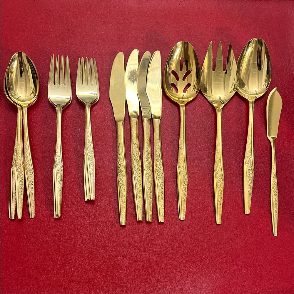 Vintage JH Golden Bouquet Flatware, Gold Tone Floral Stainless Steel